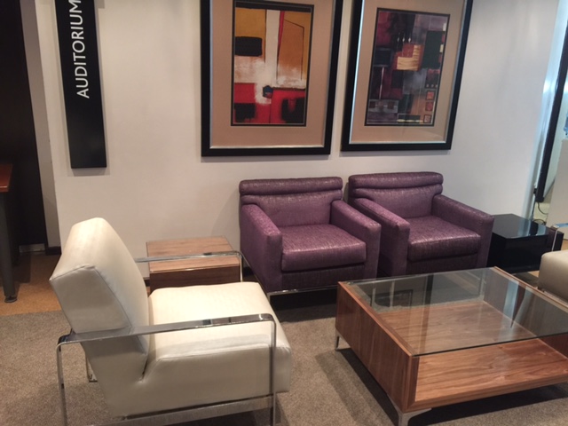 Waiting lounge with leather sofas and wall art